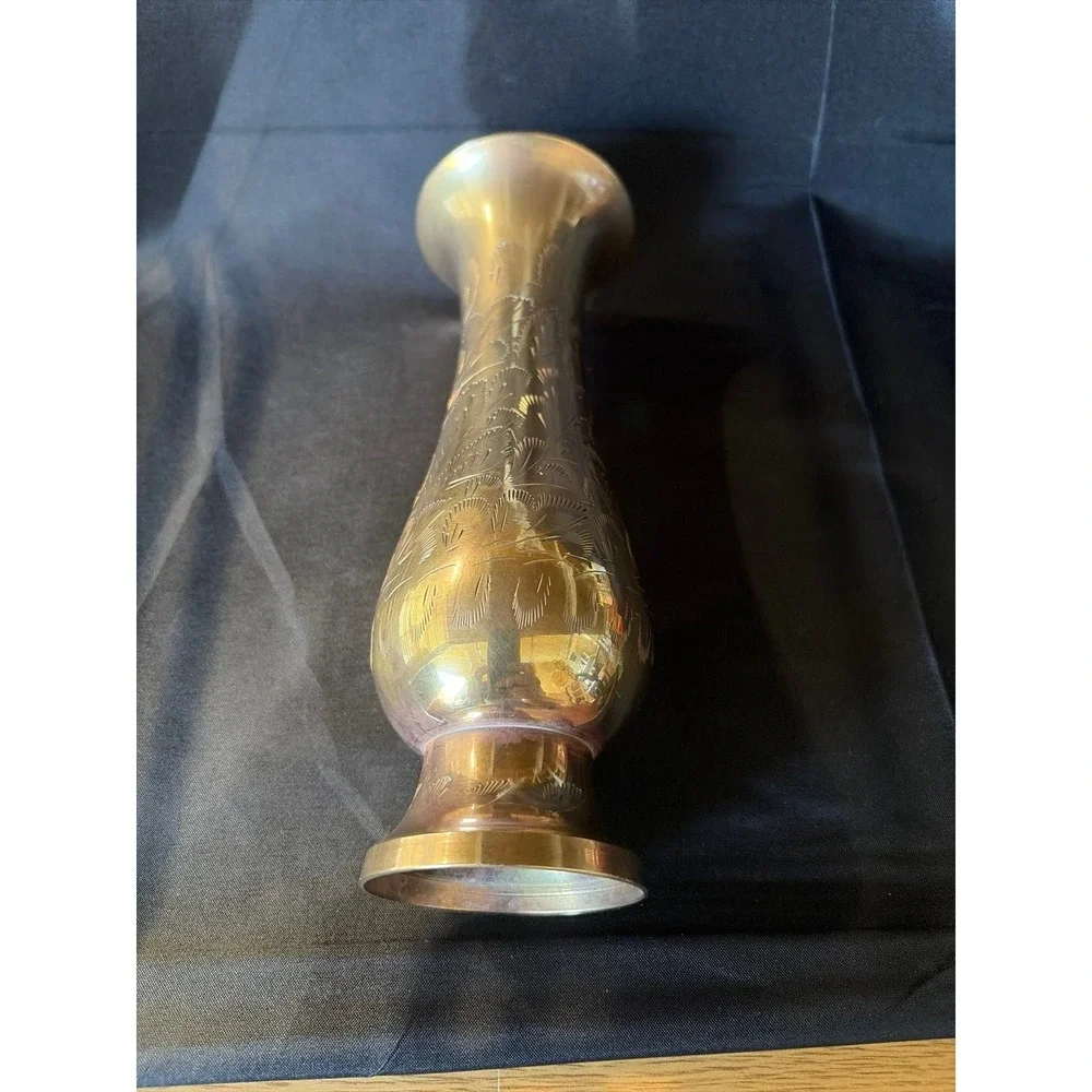 Vintage etched brass trumpet bud vase